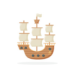 ship with white sails. Flat style vector icon.