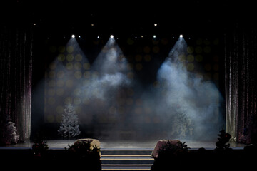 Theater before the performance of artists. Bright colored light and scene with Christmas trees.