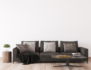 dark sofa in minimal living room design, empty wall mockup, modern style, 3d render