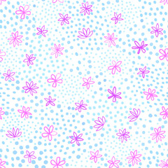 Seamless floral pattern with polka dot ornament. Stylish drawn backdrop with flowers. Abstract scribble textured pattern with flowers ornament. 