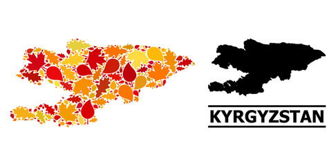 Mosaic autumn leaves and solid map of Kyrgyzstan. Vector map of Kyrgyzstan is constructed with random autumn maple and oak leaves. Abstract territory scheme in bright gold, red,