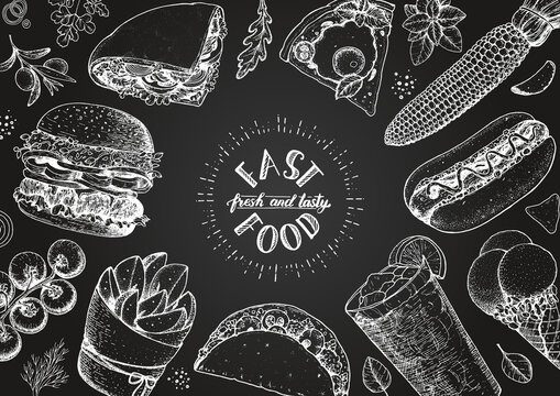 Fast food sketch collection. Vector illustration. Junk food set. Engraved style illustration. Fast food top view frame.