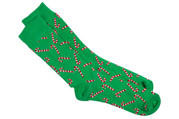 pair of green socks with christmas pattern, on white background