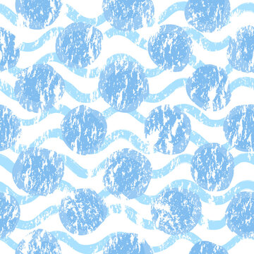 Seamless wavy pattern with polka dot ornament. Stylish drawn dotted backdrop. Abstract shabby textured circle ornament with blue waves on white.