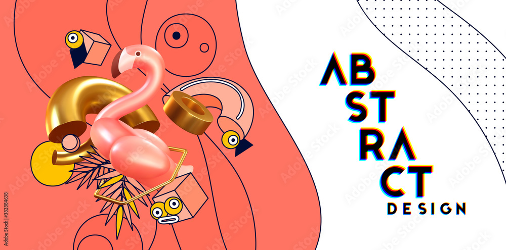 Poster modern minimal design with realistic 3d render objects. abstract background with pink flamingos. art