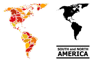 Obraz premium Mosaic autumn leaves and usual map of South and North America. Vector map of South and North America is composed of random autumn maple and oak leaves. Abstract geographic scheme in bright gold, red,