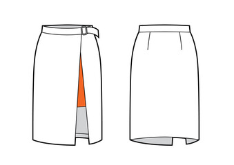 Wrap pencil skirt with belt details. Fashion Illustration, CAD, technical drawing