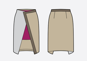 Wrap pencil skirt color block. Fashion Illustration, CAD, technical drawing