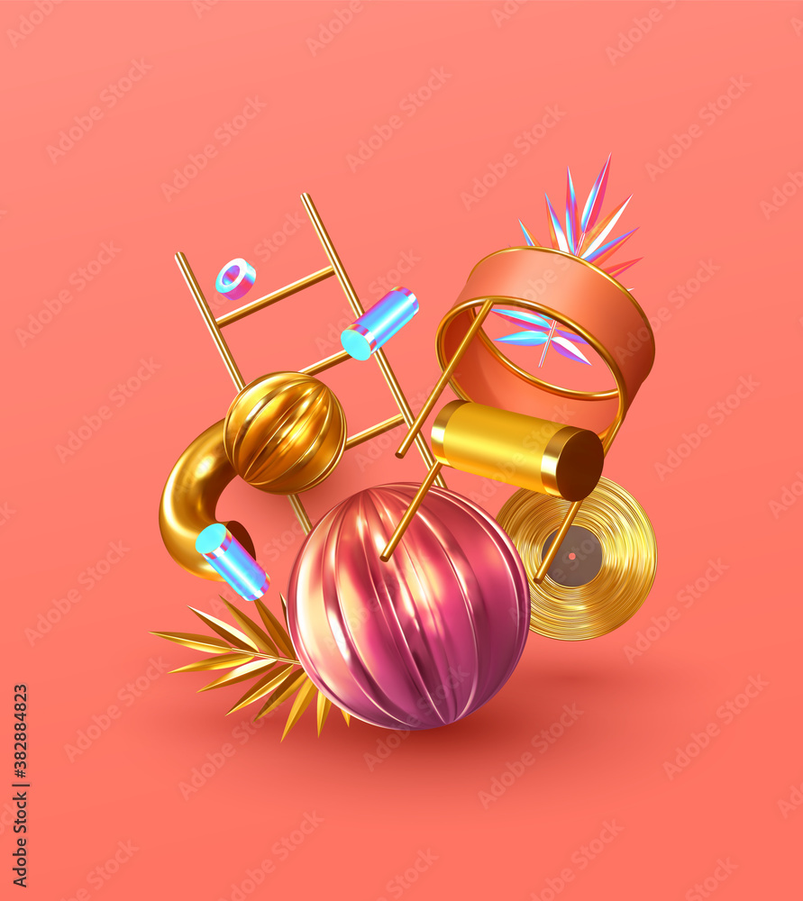 Poster modern minimal design with realistic 3d render objects. abstract background. art trend poster. vecto