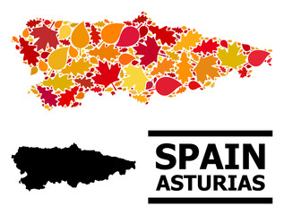 Mosaic autumn leaves and usual map of Asturias Province. Vector map of Asturias Province is composed from scattered autumn maple and oak leaves. Abstract territorial plan in bright gold, red,