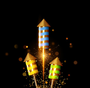 Fireworks set rocket with glitter confetti. Festive light sparkling flash firework. Celebrate Background with firecrackers. Holiday Realistic decoration 3d object. vector illustration