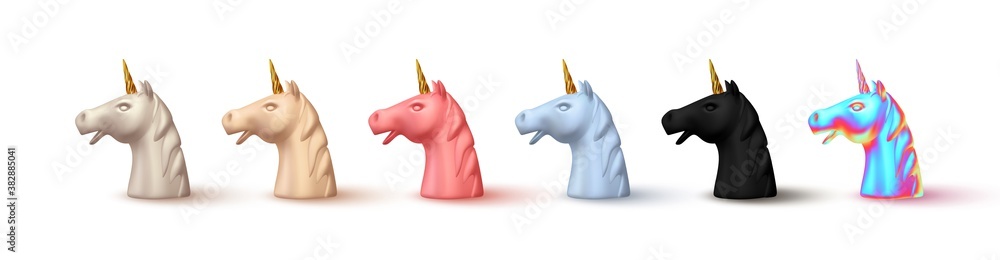 Aufkleber unicorn head is realistic. set of abstract face unicorn 3d object isolated on white background. vect