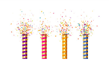 Festive cracker with confetti, glitter, streamer, streamer. Holiday realistic petard flapper surprise. Celebrate decoration object. vector illustration.