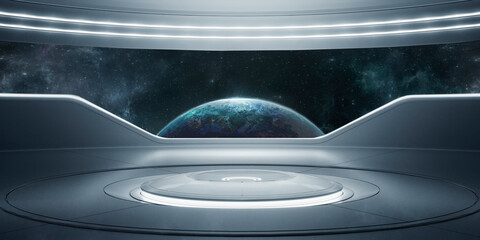 Fototapeta na wymiar 3d rendering Futuristic interior with empty stage. Modern future background. Technology sci-fi hi technology concept. . Galaxy. stars EARTH. Planets .