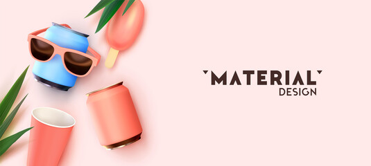 Background mockup for advertising branding summer soft drinks. Realistic 3d objects, iron can, paper cup, ice cream, sun goggles. Template banner, poster, header for website. vector illustration