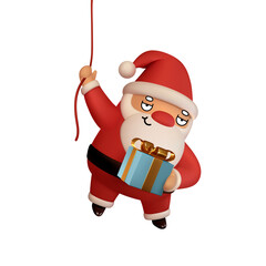 Santa Claus is going down the rope with gift in his hands. Realistic 3d character compatible doodle emoji elements on face. Isolated on white background for Xmas festive design. Vector illustration