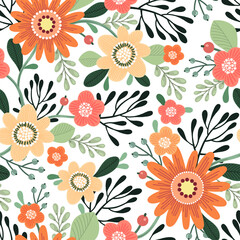 Seamless pattern with flowers. Illustration on a bright background. Design for textiles, souvenirs, fabrics, packaging and greeting cards and more.