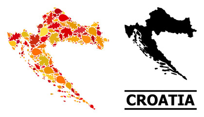 Mosaic autumn leaves and usual map of Croatia. Vector map of Croatia is constructed with random autumn maple and oak leaves. Abstract geographic plan in bright gold, red,