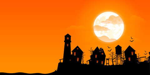 Happy Halloween background. 
Lighthouse and abandoned village, horror style. Vector illustration.