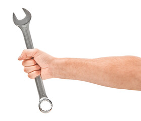 Mechanic hand hold spanner tool in hand isolated on white