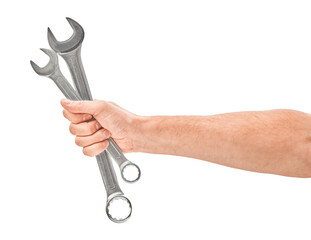 Mechanic hand hold spanner tool in hand isolated on white