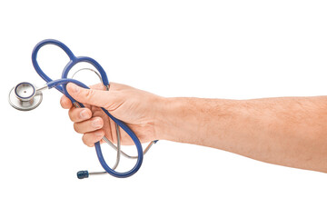Hand holding stethoscope isolated on white background.
