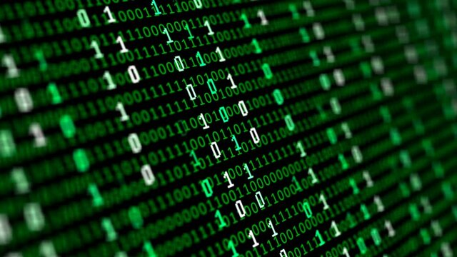 Binary code matrix background with digits moving on screen. Algorithm binary, data code, decryption and encoding, row matrix seamless loop abstract background.