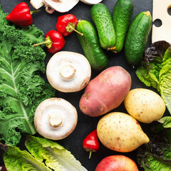 Healthy simple home food ingredients farm vegetables potatoes, cucumbers, cabbage, kale, garlic, onions, mushrooms, cheese, lettuce, hot peppers on a dark background. Balanced diet ready concept