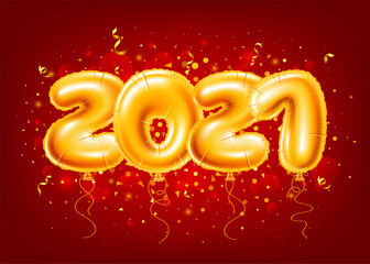 Fototapeta na wymiar Golden foiled inflatable toy balloons in numbers shapes, make up 2021. Realistic digits on red background with glittering tinsel. Design for New Year, Christmas or other event. Vector.