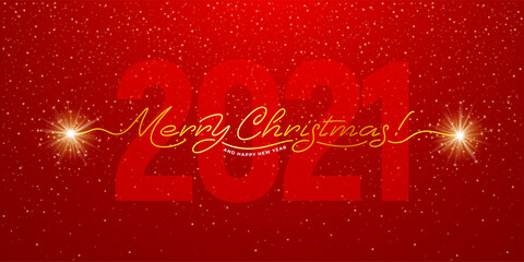 Merry Christmas and Happy new Year 2021. Handwritten lettering with realistic sparklers. Red background with big digits 2021. Creative design for christmas and new year greeting. Vector illustration.
