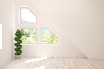 White empty room with summer landscape in window. Scandinavian interior design. 3D illustration
