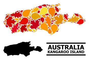 Mosaic autumn leaves and usual map of Kangaroo Island. Vector map of Kangaroo Island is organized from randomized autumn maple and oak leaves. Abstract territory scheme in bright gold, red,