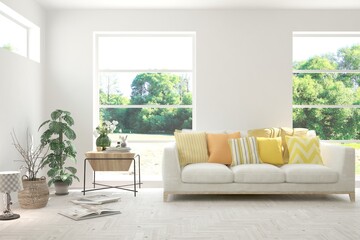 Fototapeta premium White living room with sofa and summer landscape in window. Scandinavian interior design. 3D illustration
