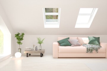 White living room with sofa. Scandinavian interior design. 3D illustration