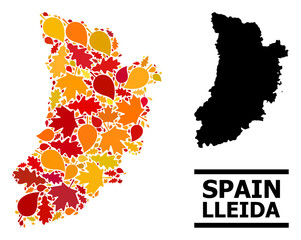 Mosaic autumn leaves and solid map of Lleida Province. Vector map of Lleida Province is designed from randomized autumn maple and oak leaves. Abstract territorial plan in bright gold, red,
