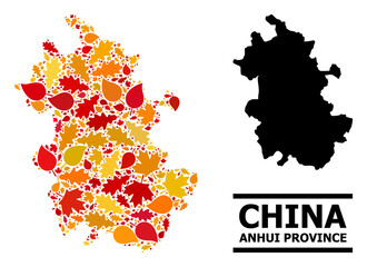 Mosaic autumn leaves and usual map of Anhui Province. Vector map of Anhui Province is created of random autumn maple and oak leaves. Abstract territory scheme in bright gold, red,