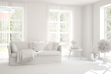 White minimalist living room with sofa. Scandinavian interior design. 3D illustration
