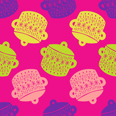 Seamless vector pattern of silhouettes of kitchen saucepan with ornaments