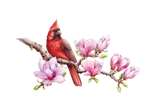 Red cardinal bird with magnolia flowers watercolor illustration. Hand drawn close up beautiful bird with lush magnolia spring blossoms. Bright cardinal on a branch isolated on white background