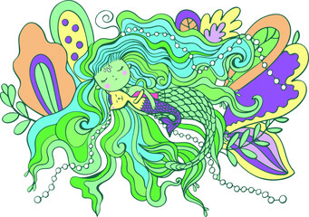 Fototapeta premium illustration of a mermaid girl swimming under water and hugging a mermaid cat. Hair long, like seaweed. To be used as poster, puzzle, patterns for embroidery