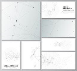 Vector layouts of social network mockups for cover design, website design, website backgrounds or advertising mockups. Gray technology background with connecting lines and dots. Network concept.