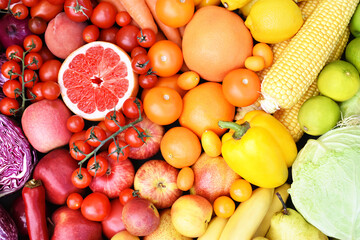 Fresh ripe fruits and vegetables, colorful summer harvest background	