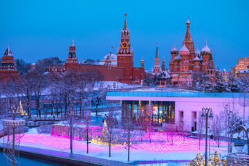 Panorama of evening Moscow from a height. Twilight in the Russian capital. View of the Kremlin....