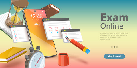 Online Exam, Internet Quiz or Survey, Distant Education, Questionnaire Form. 3D Isometric Flat Vector Conceptual Illustration.