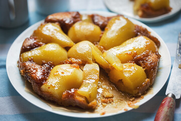 Pear tarte tatin. Upside down cake with caramel and pears. 