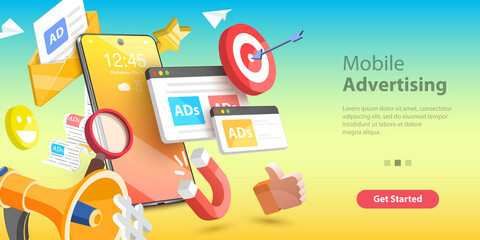 Mobile Advertising, Social Media Campaign, Digital Marketing. 3D Vector Conceptual Illustration.