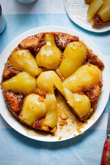 Pear tarte tatin. Upside down cake with caramel and pears. 