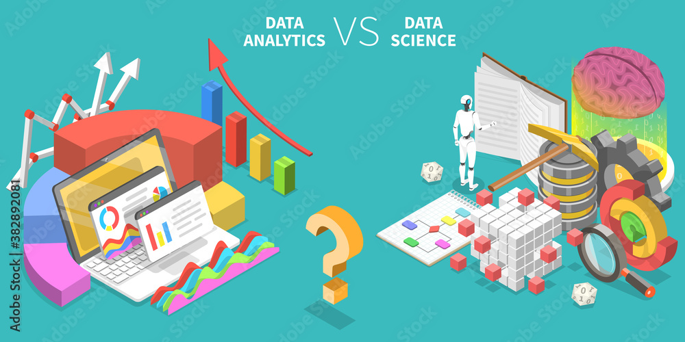 Poster comparison of data analytics and data science. 3d isometric flat vector conceptual illustration.