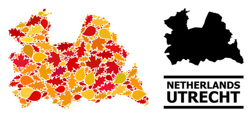 Mosaic autumn leaves and usual map of Utrecht Province. Vector map of Utrecht Province is done with scattered autumn maple and oak leaves. Abstract territorial plan in bright gold, red,