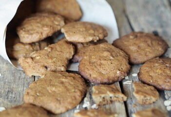 Diet healthy food.Oatmeal cookies with whole grain rye flour in a paper bag.
